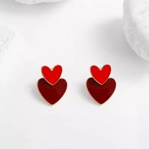 Double Heart Red and Red Wine Enamel Drop Earrings